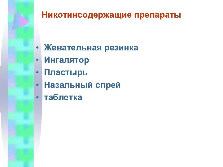 Никотинсодержащие препараты • • • Жевательная резинка Ингалятор Пластырь Назальный спрей таблетка 