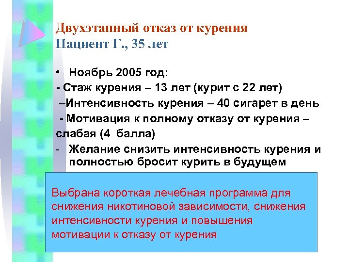 Двухэтапный отказ от курения Пациент Г. , 35 лет • Ноябрь 2005 год: -