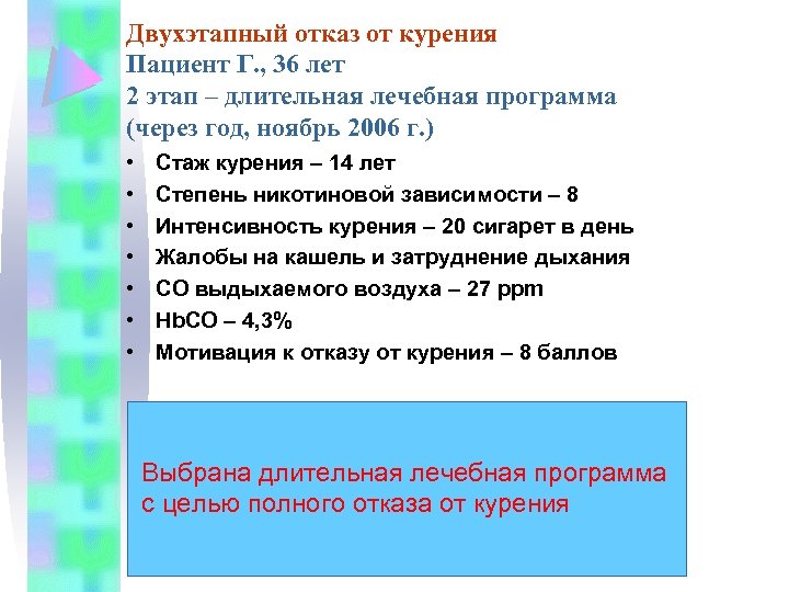 Двухэтапный отказ от курения Пациент Г. , 36 лет 2 этап – длительная лечебная