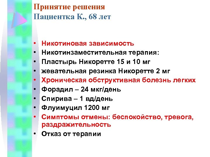 Принятие решения Пациентка К. , 68 лет • • • Никотиновая зависимость Никотинзаместительная терапия: