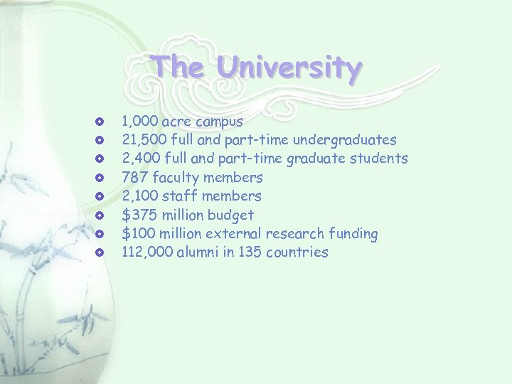 The University 1, 000 acre campus 21, 500 full and part-time undergraduates 2, 400
