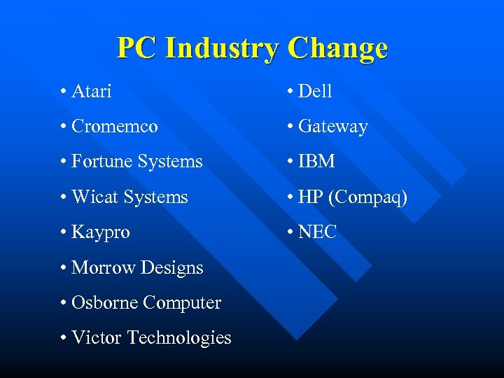 PC Industry Change • Atari • Dell • Cromemco • Gateway • Fortune Systems