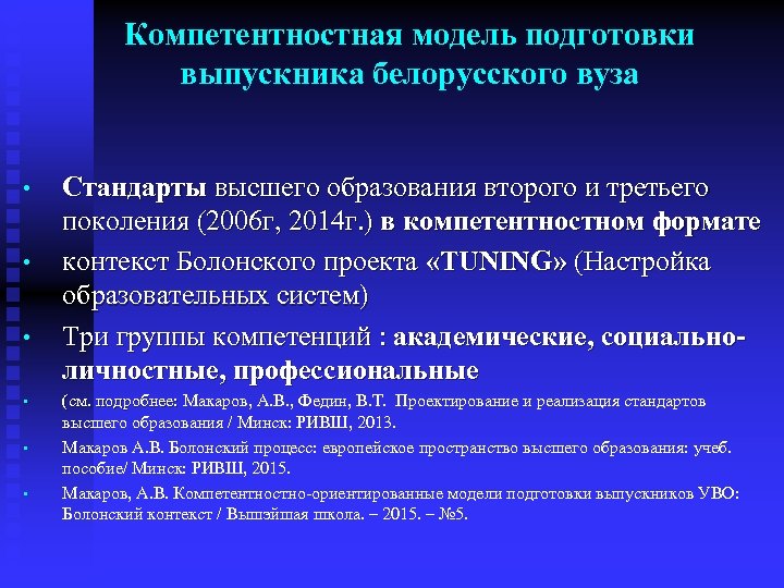 Компетентностная модель подготовки выпускника белорусского вуза • • • Стандарты высшего образования второго и