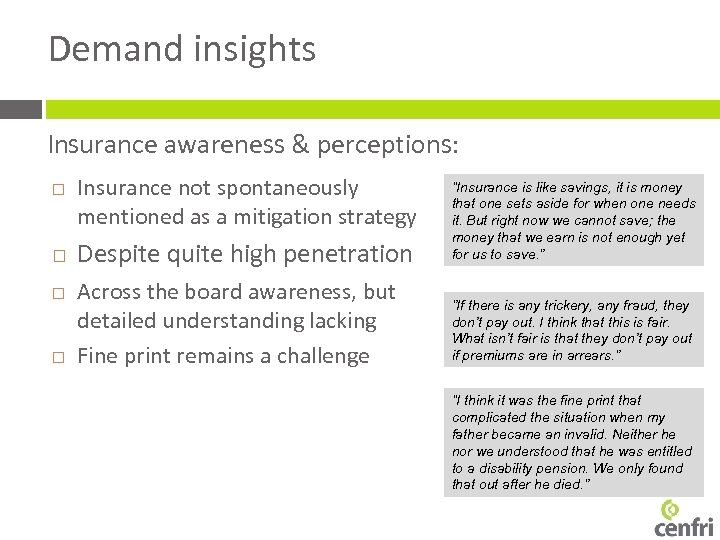Demand insights Insurance awareness & perceptions: Insurance not spontaneously mentioned as a mitigation strategy