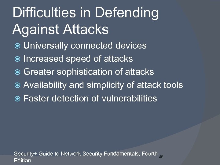 Difficulties in Defending Against Attacks Universally connected devices Increased speed of attacks Greater sophistication