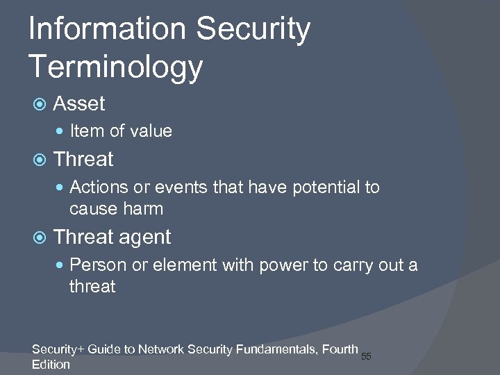 Information Security Terminology Asset Item of value Threat Actions or events that have potential