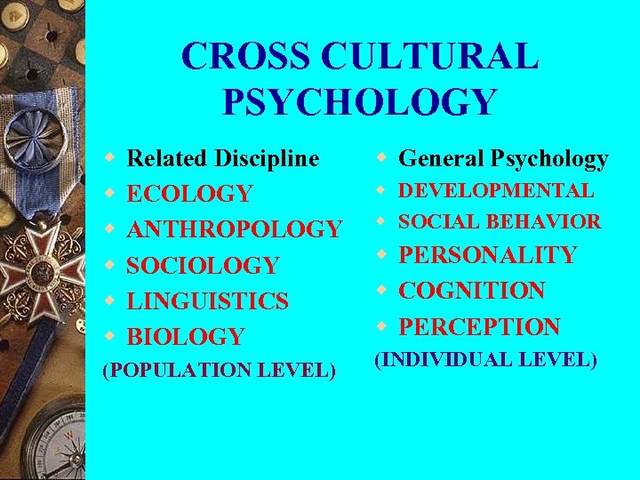 CROSS CULTURAL PSYCHOLOGY w w w Related Discipline ECOLOGY ANTHROPOLOGY SOCIOLOGY LINGUISTICS BIOLOGY (POPULATION