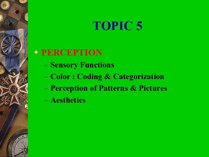 TOPIC 5 w PERCEPTION – – Sensory Functions Color : Coding & Categorization Perception