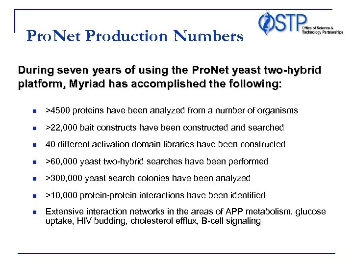 Pro. Net Production Numbers During seven years of using the Pro. Net yeast two-hybrid
