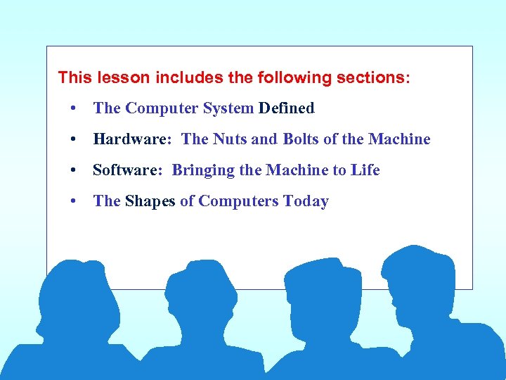 This lesson includes the following sections: • The Computer System Defined • Hardware: The