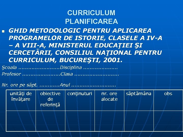 CURRICULUM PLANIFICAREA n GHID METODOLOGIC PENTRU APLICAREA PROGRAMELOR DE ISTORIE, CLASELE A IV-A –