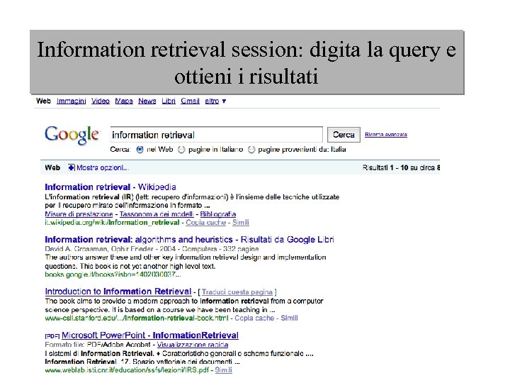 Information retrieval session: digita la query e ottieni i risultati 