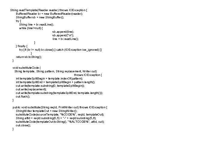 String read. Template(Reader reader) throws IOException { Buffered. Reader br = new Buffered. Reader(reader);