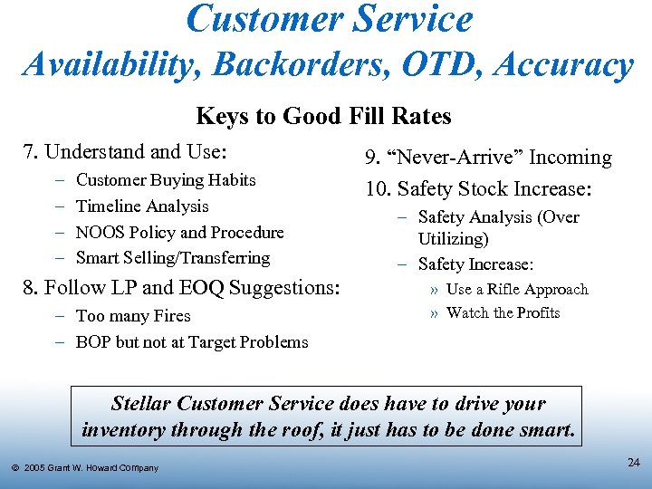 Customer Service Availability, Backorders, OTD, Accuracy Keys to Good Fill Rates 7. Understand Use: