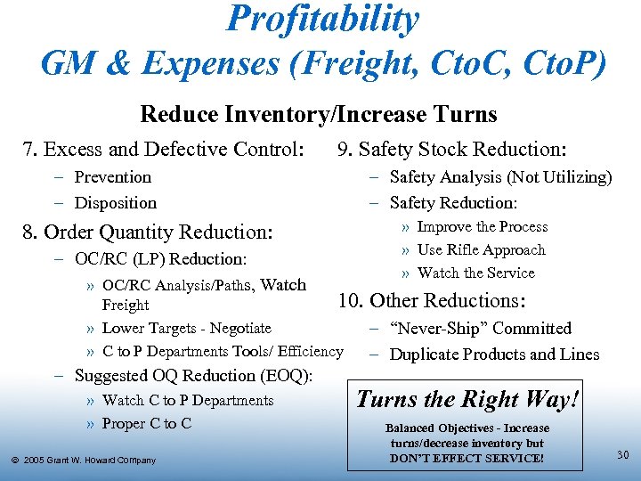 Profitability GM & Expenses (Freight, Cto. C, Cto. P) Reduce Inventory/Increase Turns 7. Excess
