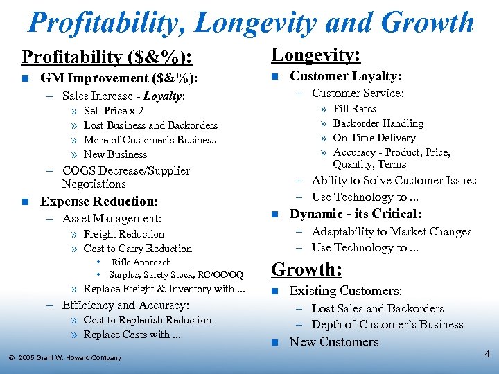 Profitability, Longevity and Growth Profitability ($&%): n GM Improvement ($&%): Longevity: n – Customer