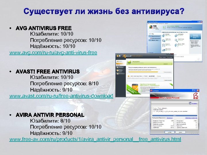 Существует ли жизнь без антивируса? Юзабилити: 10/10 Потребление ресурсов: 10/10 Надёжность: 10/10 www. avg.