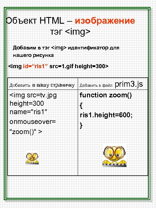 Объект HTML – изображение тэг <img> Добавим в тэг <img> идентификатор для нашего рисунка
