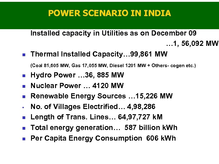 POWER SCENARIO IN INDIA Installed capacity in Utilities as on December 09 … 1,