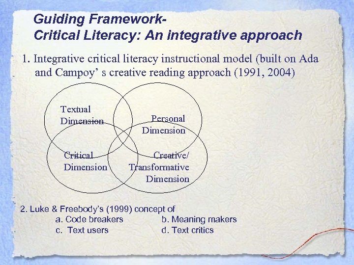 Guiding Framework. Critical Literacy: An integrative approach 1. Integrative critical literacy instructional model (built