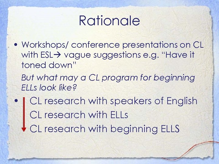 Rationale • Workshops/ conference presentations on CL with ESL vague suggestions e. g. “Have