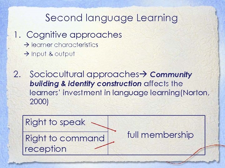 Second language Learning 1. Cognitive approaches learner characteristics Input & output 2. Sociocultural approaches