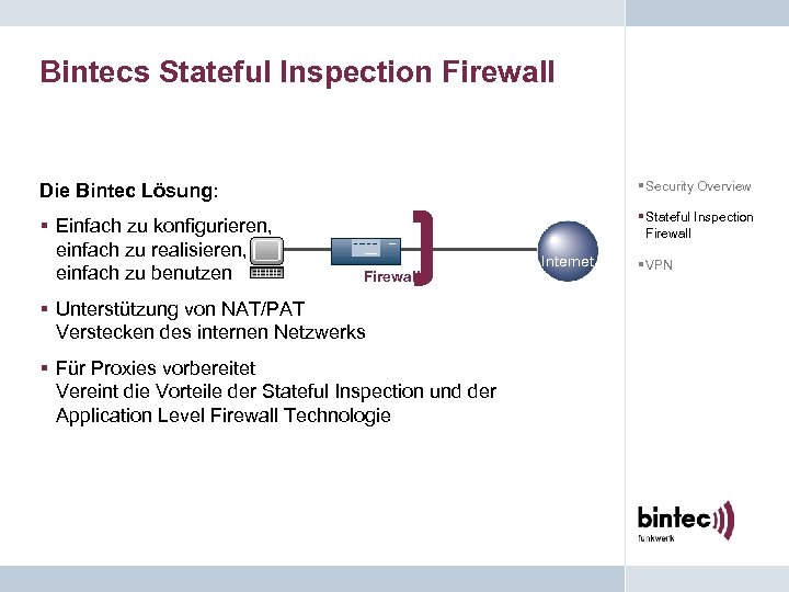 Bintecs Stateful Inspection Firewall Die Bintec Lösung: § Security Overview § Einfach zu konfigurieren,