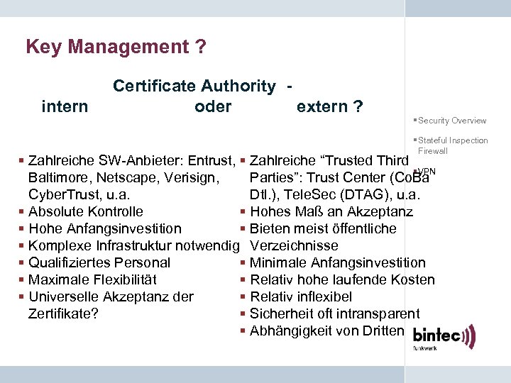 Key Management ? intern Certificate Authority oder extern ? § Security Overview § Stateful