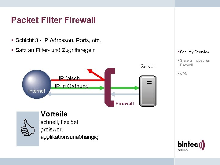 Packet Filter Firewall § Schicht 3 - IP Adressen, Ports, etc. § Satz an