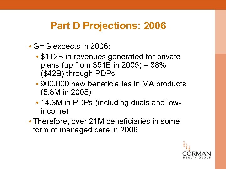 Part D Projections: 2006 • GHG expects in 2006: • $112 B in revenues