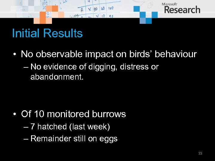 Initial Results • No observable impact on birds’ behaviour – No evidence of digging,