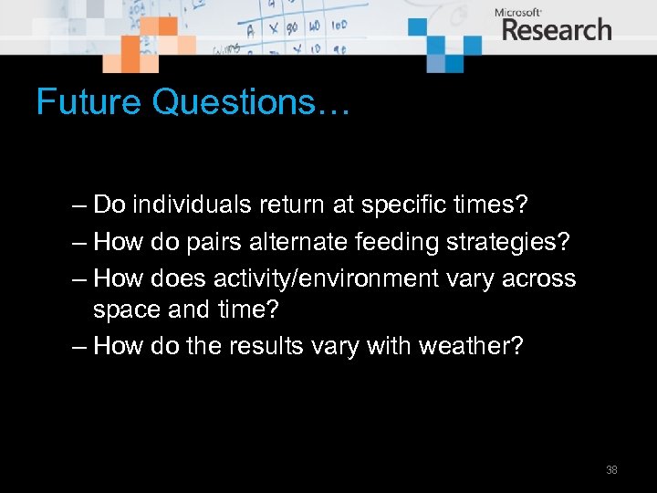 Future Questions… – Do individuals return at specific times? – How do pairs alternate