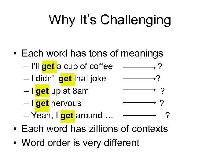 Why It’s Challenging • Each word has tons of meanings – I’ll get a