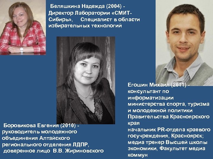 Беляшкина Надежда (2004) Директор Лаборатории «СМИТСибирь» , Специалист в области избирательных технологий Боровикова Евгения