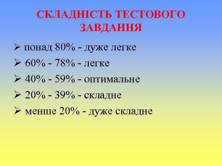 СКЛАДНІСТЬ ТЕСТОВОГО ЗАВДАННЯ Ø понад 80% - дуже легке Ø 60% - 78% -