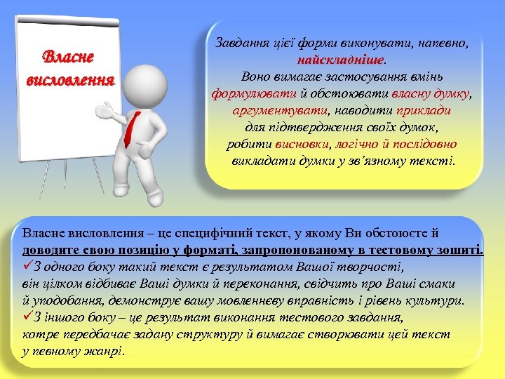 Власне висловлення Завдання цієї форми виконувати, напевно, найскладніше Воно вимагає застосування вмінь формулювати й
