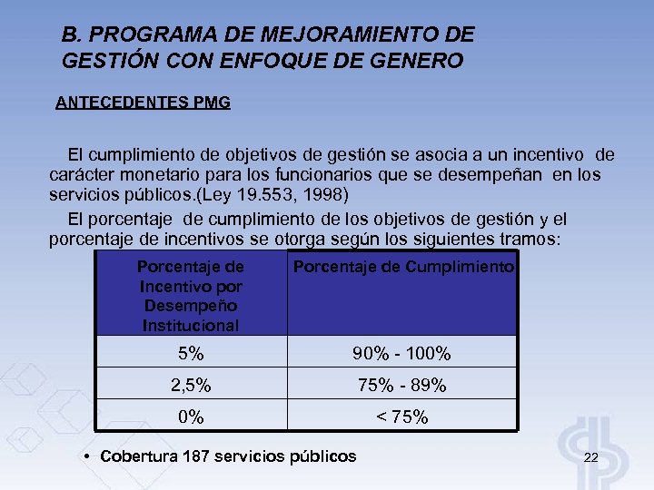 B. PROGRAMA DE MEJORAMIENTO DE GESTIÓN CON ENFOQUE DE GENERO ANTECEDENTES PMG El cumplimiento