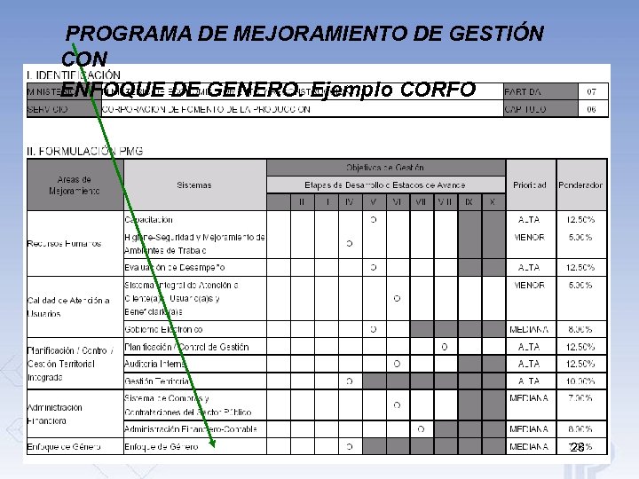 PROGRAMA DE MEJORAMIENTO DE GESTIÓN CON ENFOQUE DE GENERO. Ejemplo CORFO 28 