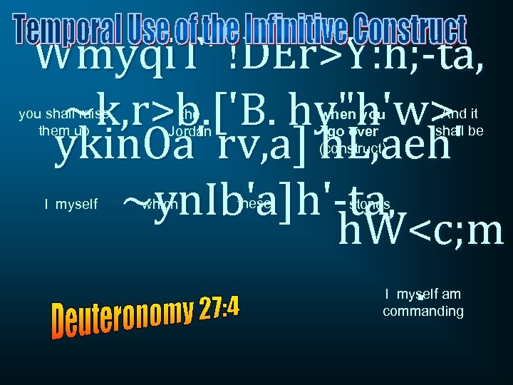 Wmyqi. T' !DEr>Y: h; -ta, ~k, r>b. ['B. hy"h'w> ykin. Oa' rv, a] h.