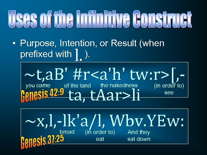  • Purpose, Intention, or Result (when prefixed with ). l. ~t, a. B'