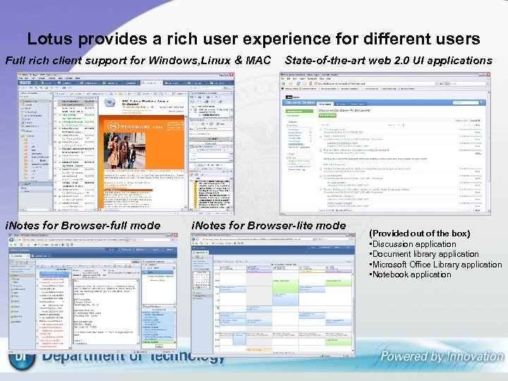 Lotus provides a rich user experience for different users Full rich client support for