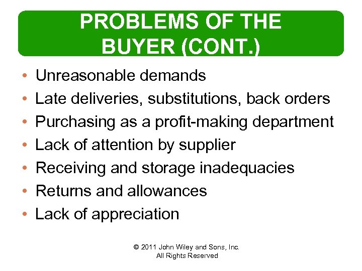 PROBLEMS OF THE BUYER (CONT. ) • • Unreasonable demands Late deliveries, substitutions, back