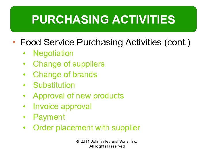 PURCHASING ACTIVITIES • Food Service Purchasing Activities (cont. ) • • Negotiation Change of