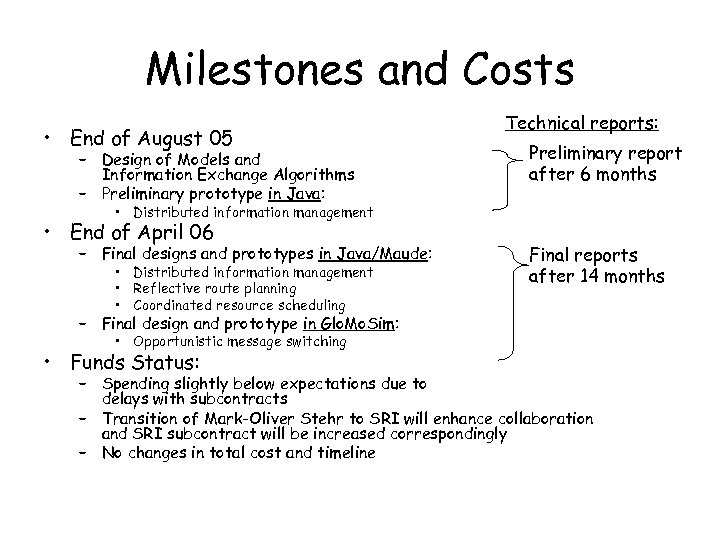 Milestones and Costs • End of August 05 – Design of Models and Information