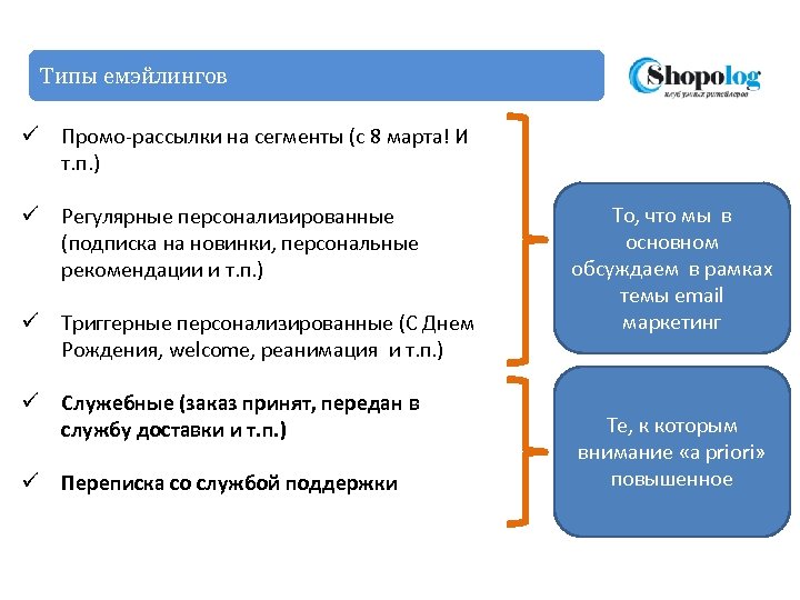 Типы емэйлингов ü Промо-рассылки на сегменты (с 8 марта! И т. п. ) ü