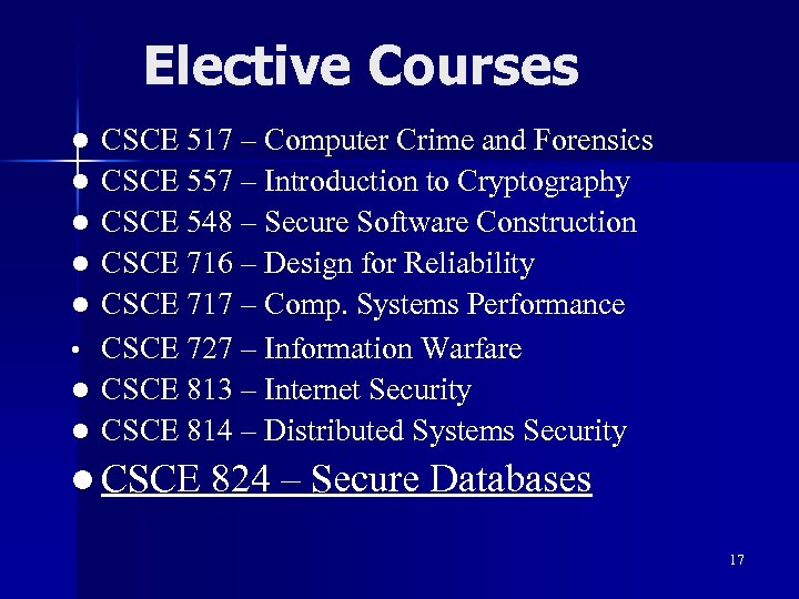 Elective Courses l l l • l l CSCE 517 – Computer Crime and