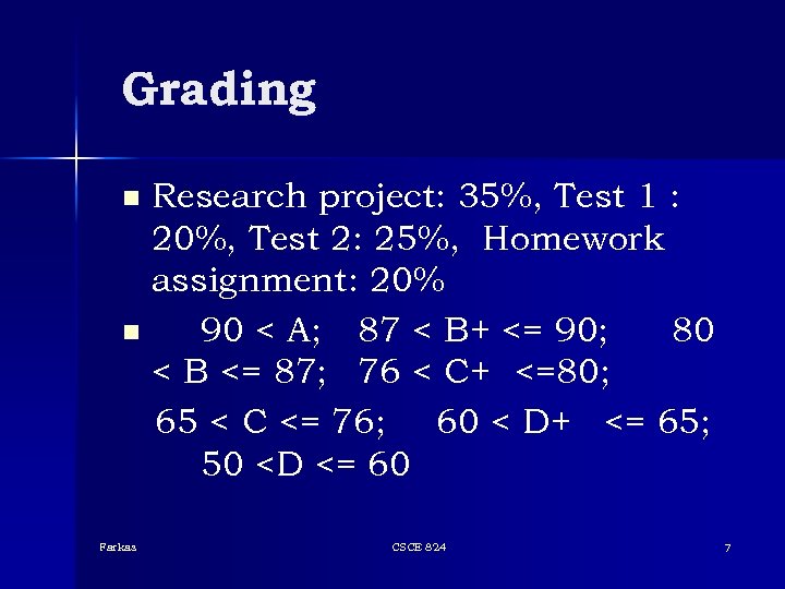 Grading Research project: 35%, Test 1 : 20%, Test 2: 25%, Homework assignment: 20%