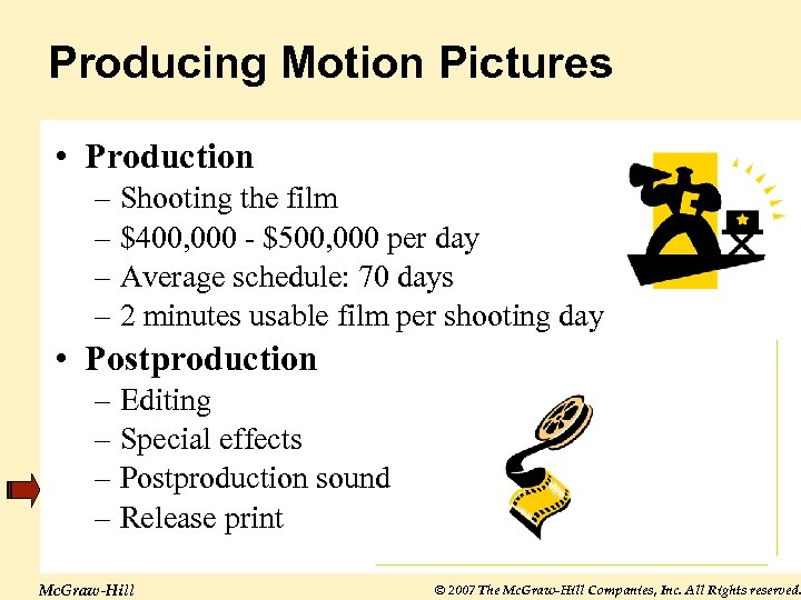 Producing Motion Pictures • Production – Shooting the film – $400, 000 - $500,