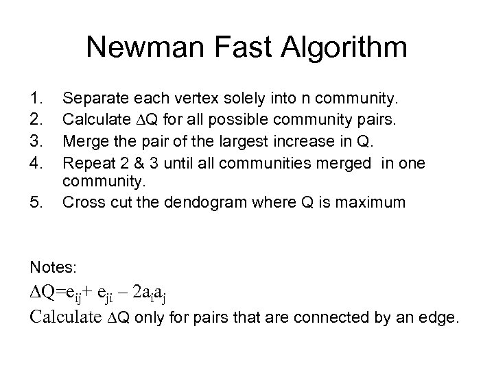 Newman Fast Algorithm 1. 2. 3. 4. 5. Separate each vertex solely into n