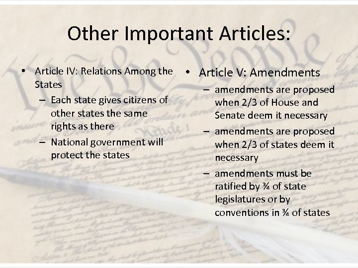 Other Important Articles: • Article IV: Relations Among the • Article V: Amendments States